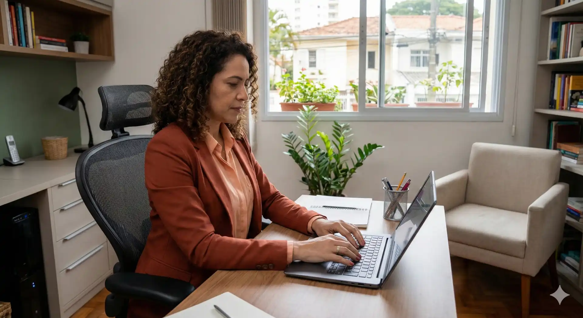 Profissional trabalhando de home office em ambiente confortável com computador portátil e livros na estante, ilustrando como funciona o home office nas empresas.