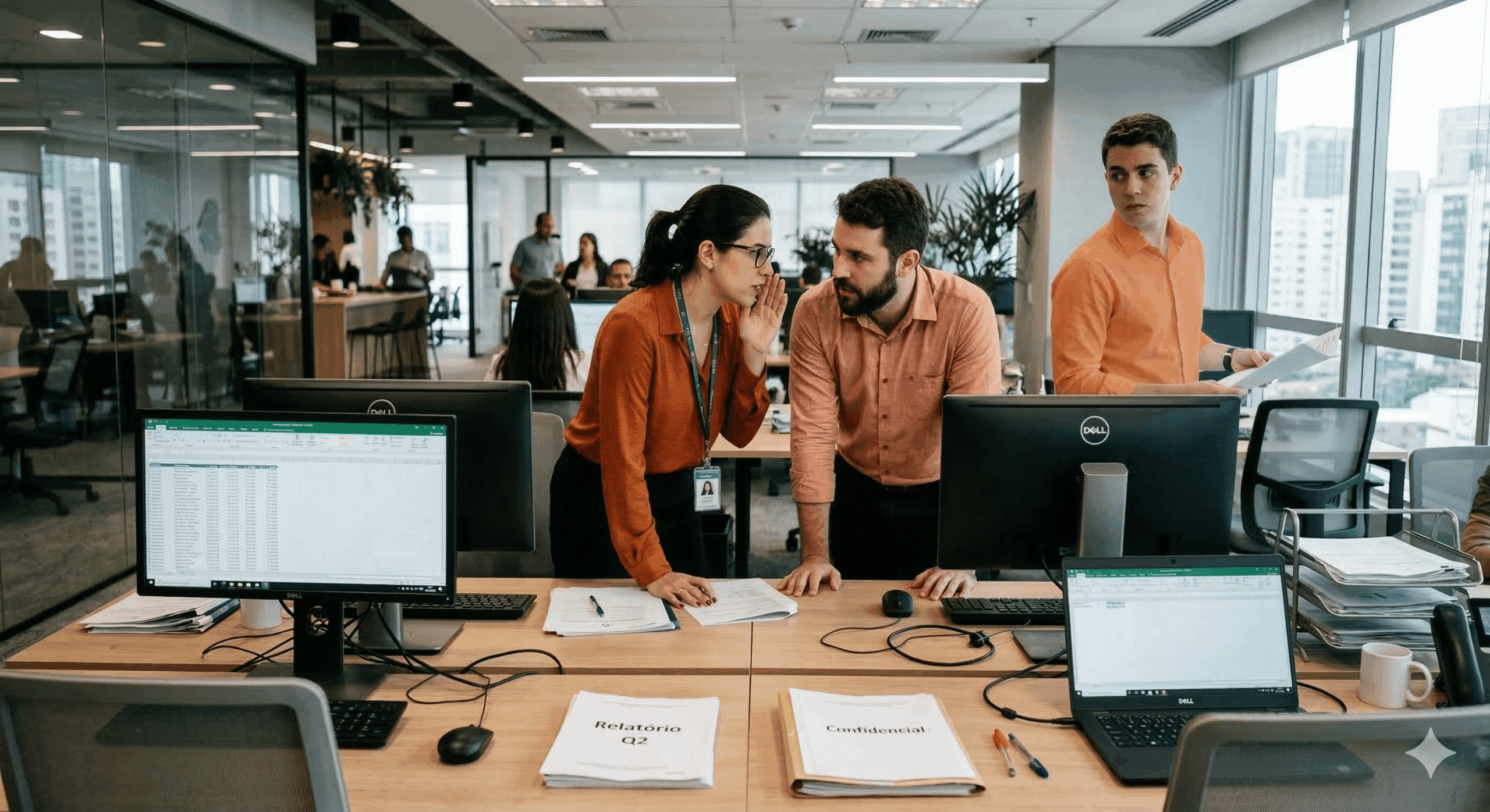 Profissionais de escritório com roupas em tons de laranja conversando discretamente entre mesas de trabalho, representando estudo que aponta que fofocas sobre chefes podem fortalecer laços entre colegas.