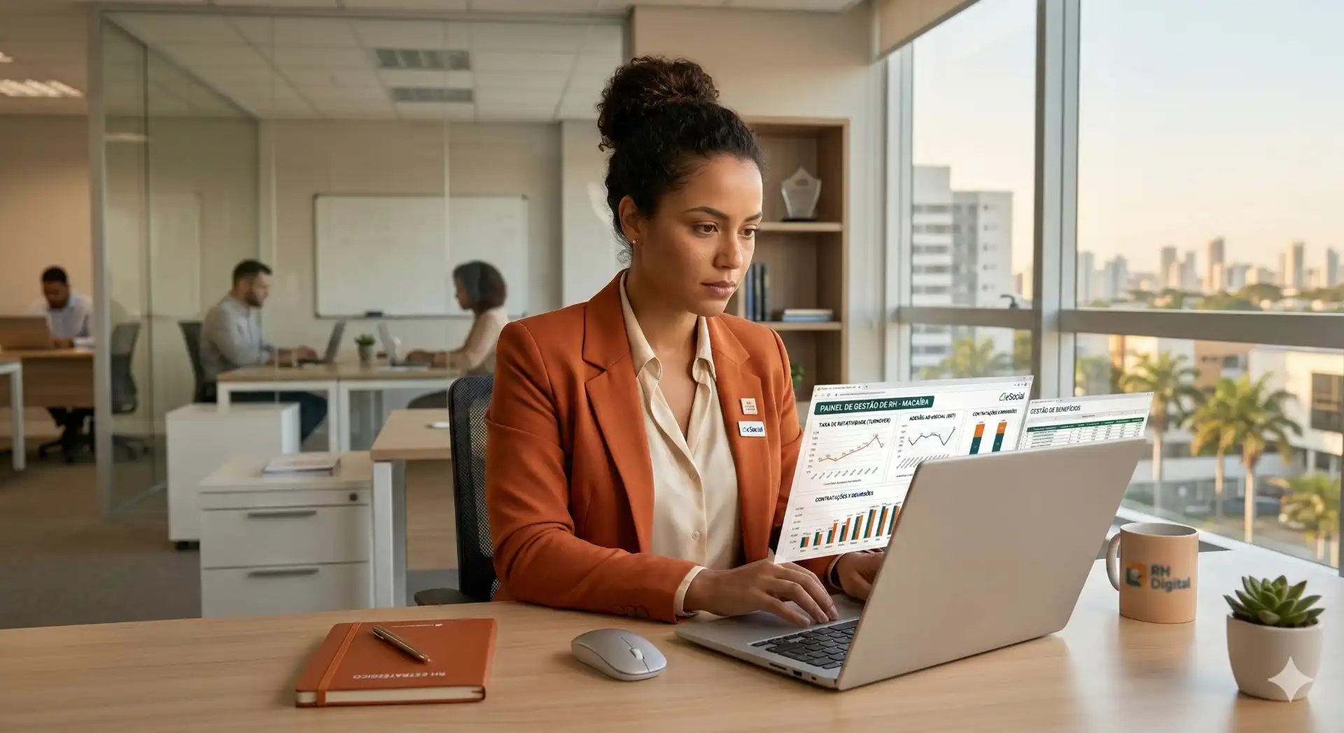 Profissional de RH analisando dados e melhorias de janeiro para aumentar a eficiência do departamento na empresa.