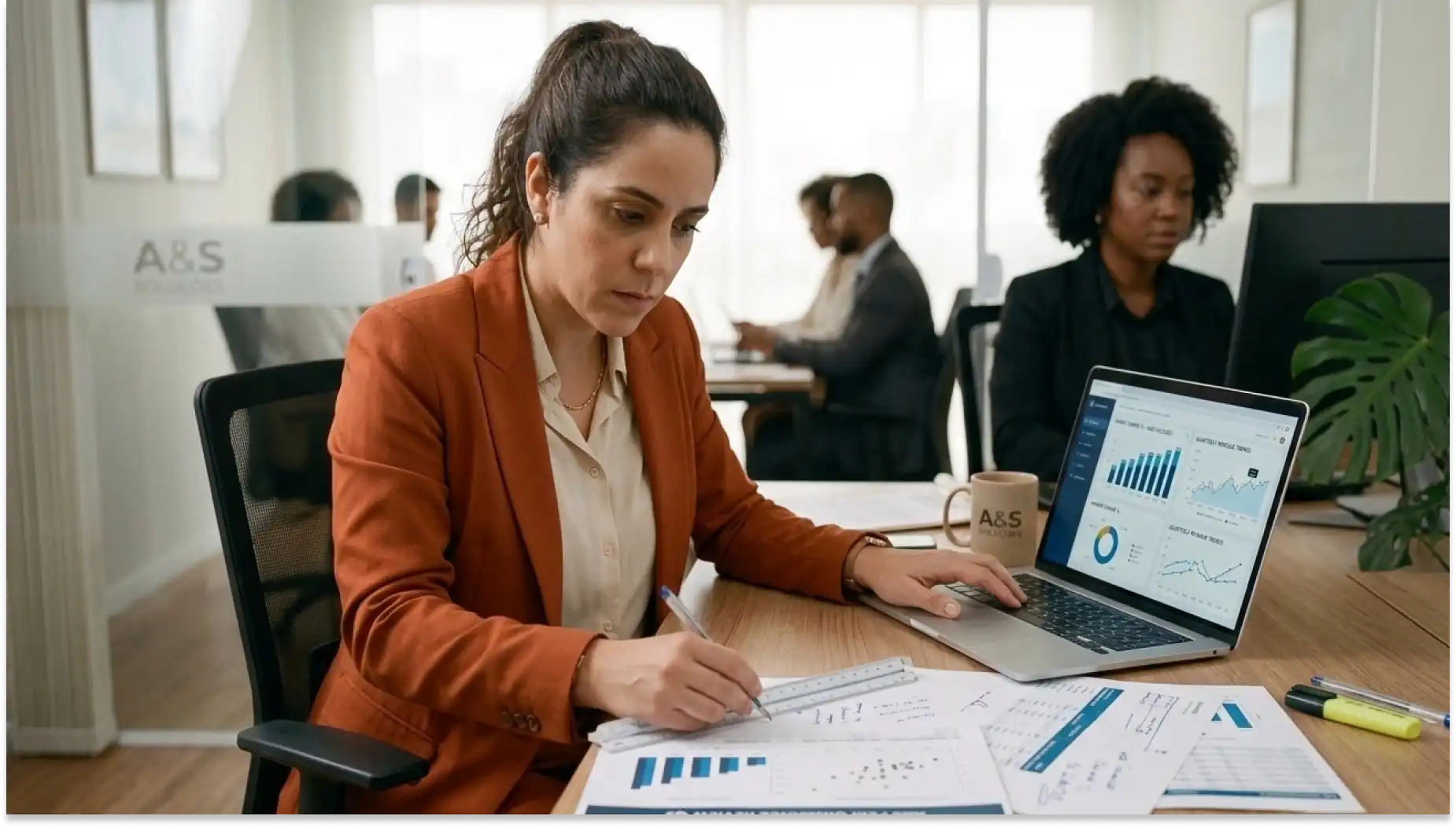 Mulher de negócios analisando dados de Gestão Comportamental em uma reunião de escritório, com gráficos no laptop e papéis na mesa, em ambiente profissional.