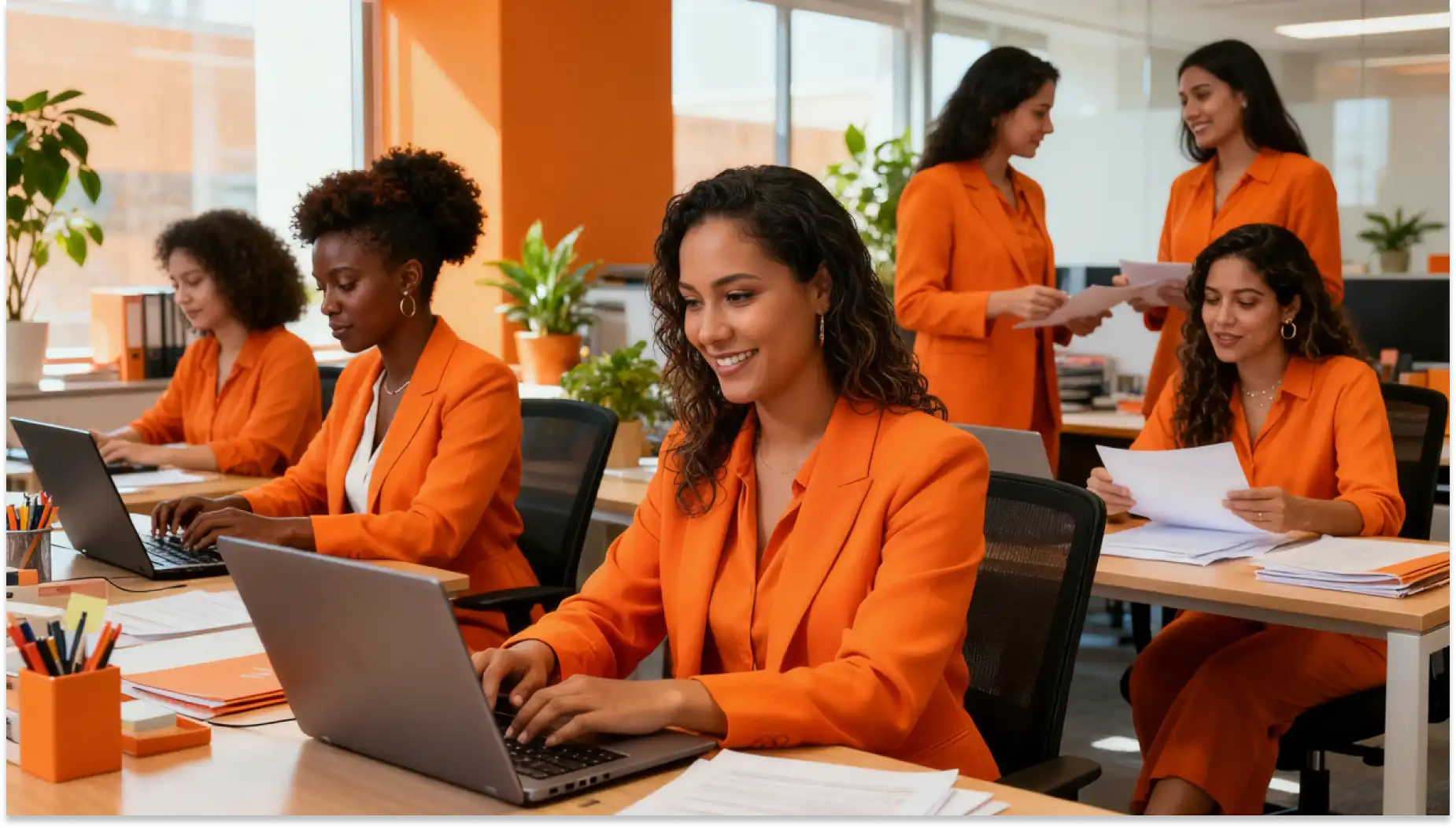 Mulheres profissionais de escritório em uniforme laranja trabalhando em equipe em ambiente moderno com computadores e documentos, representando o Emprega Mais Mulheres.