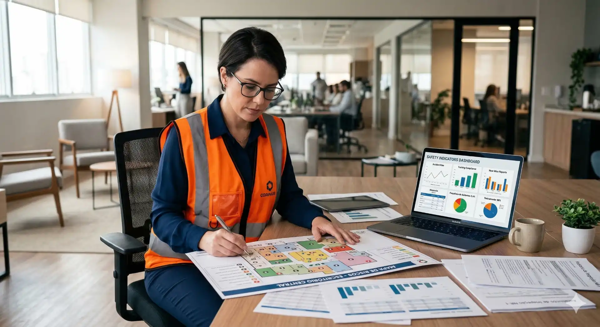 Profissional de Segurança do Trabalho analisando planos de trabalho e dados em ambiente de escritório, relacionado a SESMT, atribuições e regras NR-4