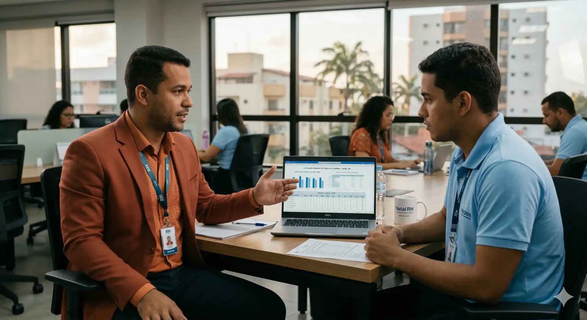 Reunião de profissionais discutindo sobre carga horária de 44 horas semanais, incluindo cálculo de horas por dia, em ambiente de escritório moderno.