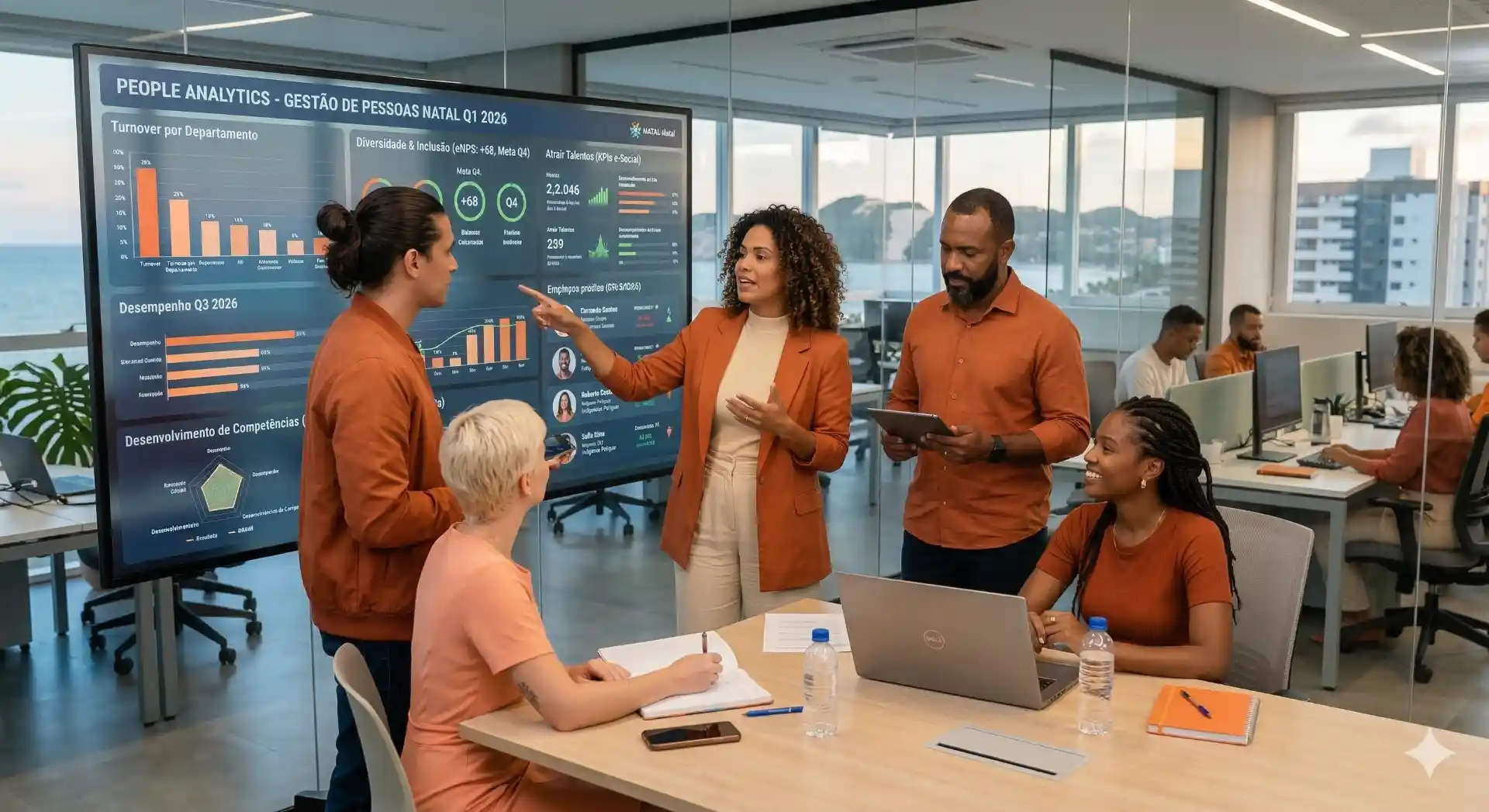 Equipe de profissionais em uma reunião de RH discutindo análises de dados de pessoas e gestão de talentos usando tecnologia avançada em um ambiente corporativo moderno e bem iluminado.