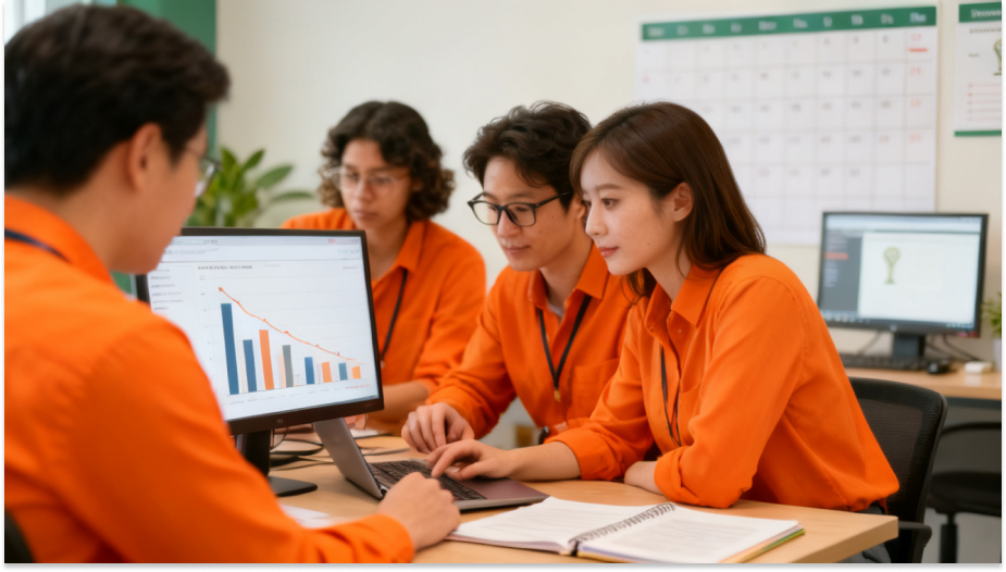 Equipe de quatro pessoas, todos usando camisas laranja, participando de uma reunião de trabalho no escritório, analisando gráficos em computadores.