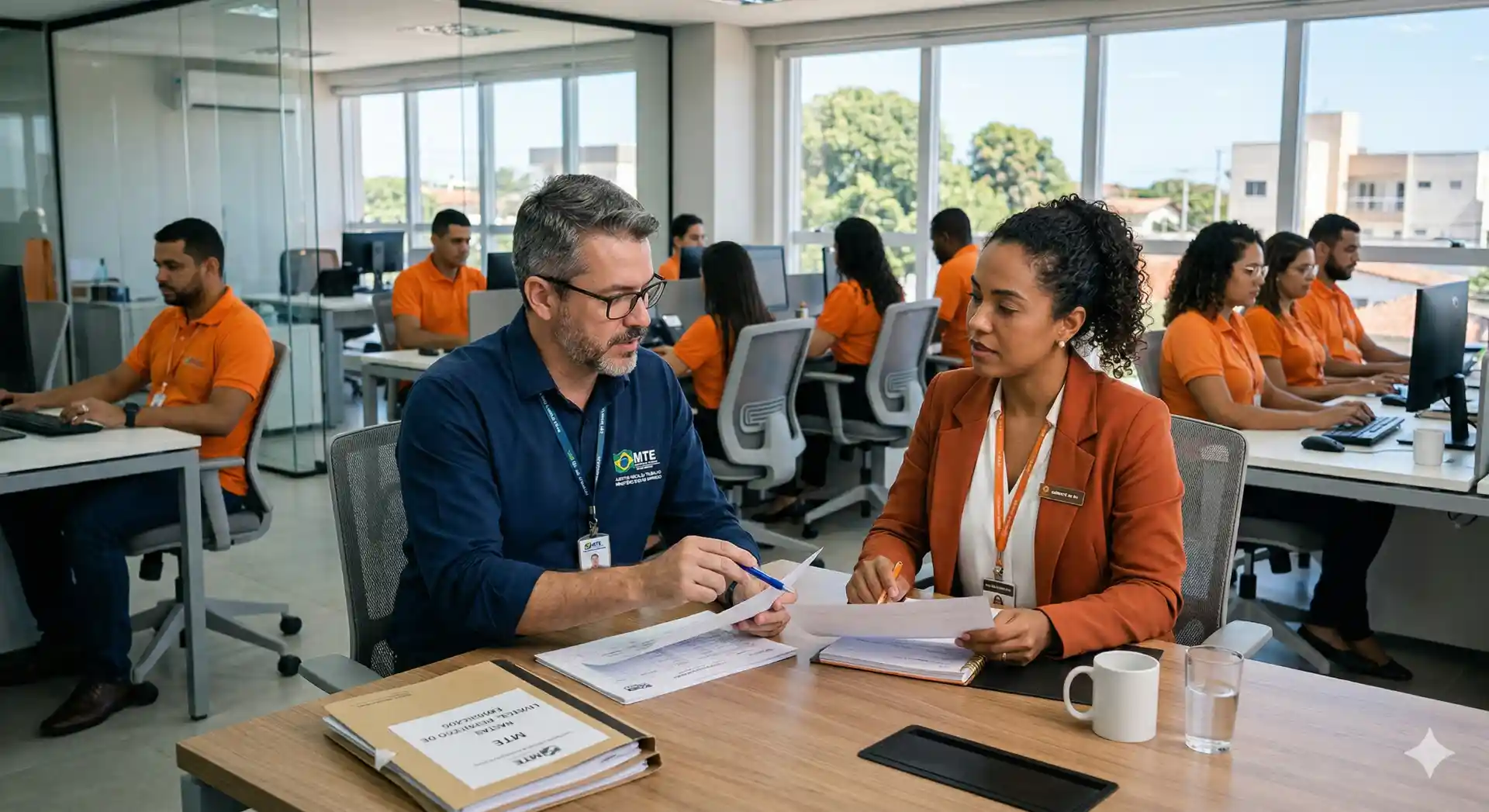 Auditora fiscal do trabalho em reunião de equipe, analisando documentos em ambiente de escritório para garantir conformidade e preparação da empresa.