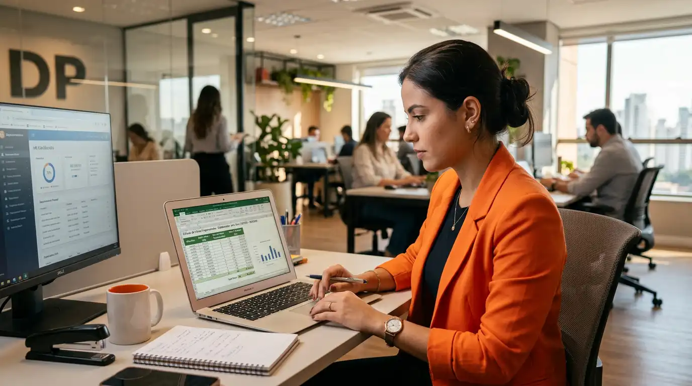 Mulher trabalhando em escritório com computadores, analisando planilhas para calcular férias proporcionais usando fórmula e exemplos.