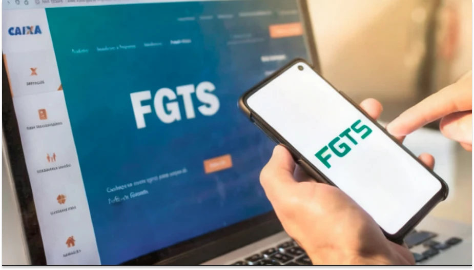 Pessoa manuseando smartphone com logo FGTS na tela, com computador ao fundo exibindo a página do site oficial do FGTS, representando consulta e benefícios do Fundo de Garantia por Tempo de Serviço.