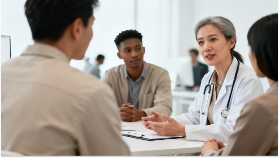 Grupo de profissionais de saúde em uma consulta médica com pacientes no consultório, destacando a comunicação entre médico e pacientes.