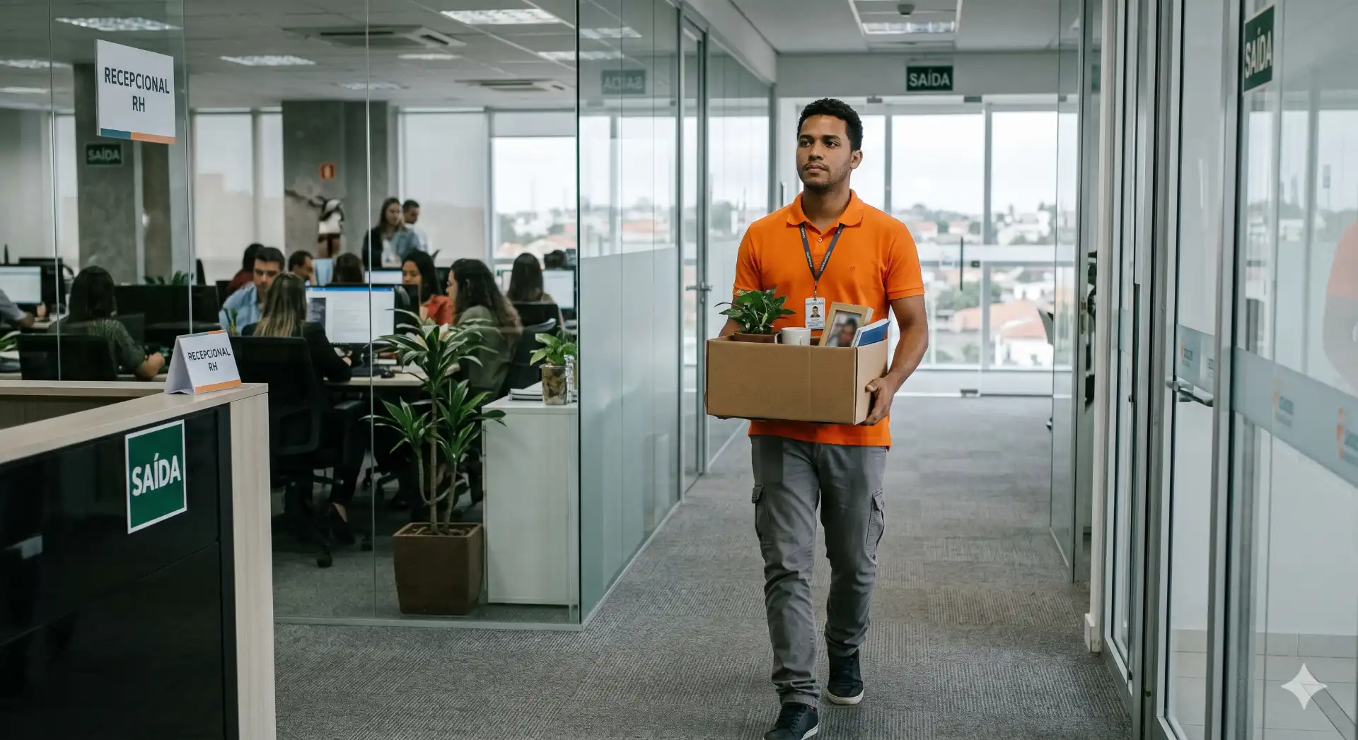 Pessoa demitida sem justa causa caminhando pelo escritório após o término do contrato, refletindo sobre direitos, multa e funcionamento na demissão