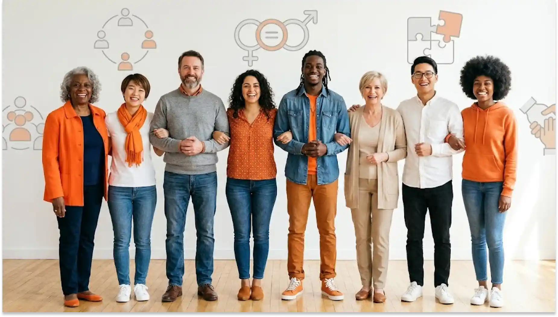 Grupo diversificado de pessoas de diferentes idades e etnias sorrindo e de braços dados, representando inclusão e diversidade no ambiente de trabalho.