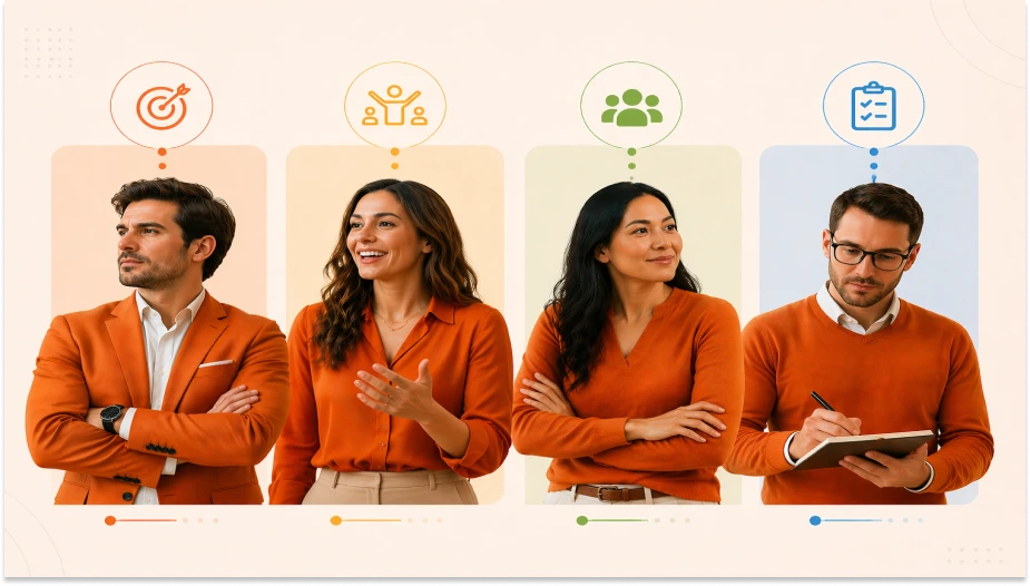 Equipe de quatro profissionais de negócios em ambiente de trabalho, discutindo estratégias e gerenciando projetos em equipe.