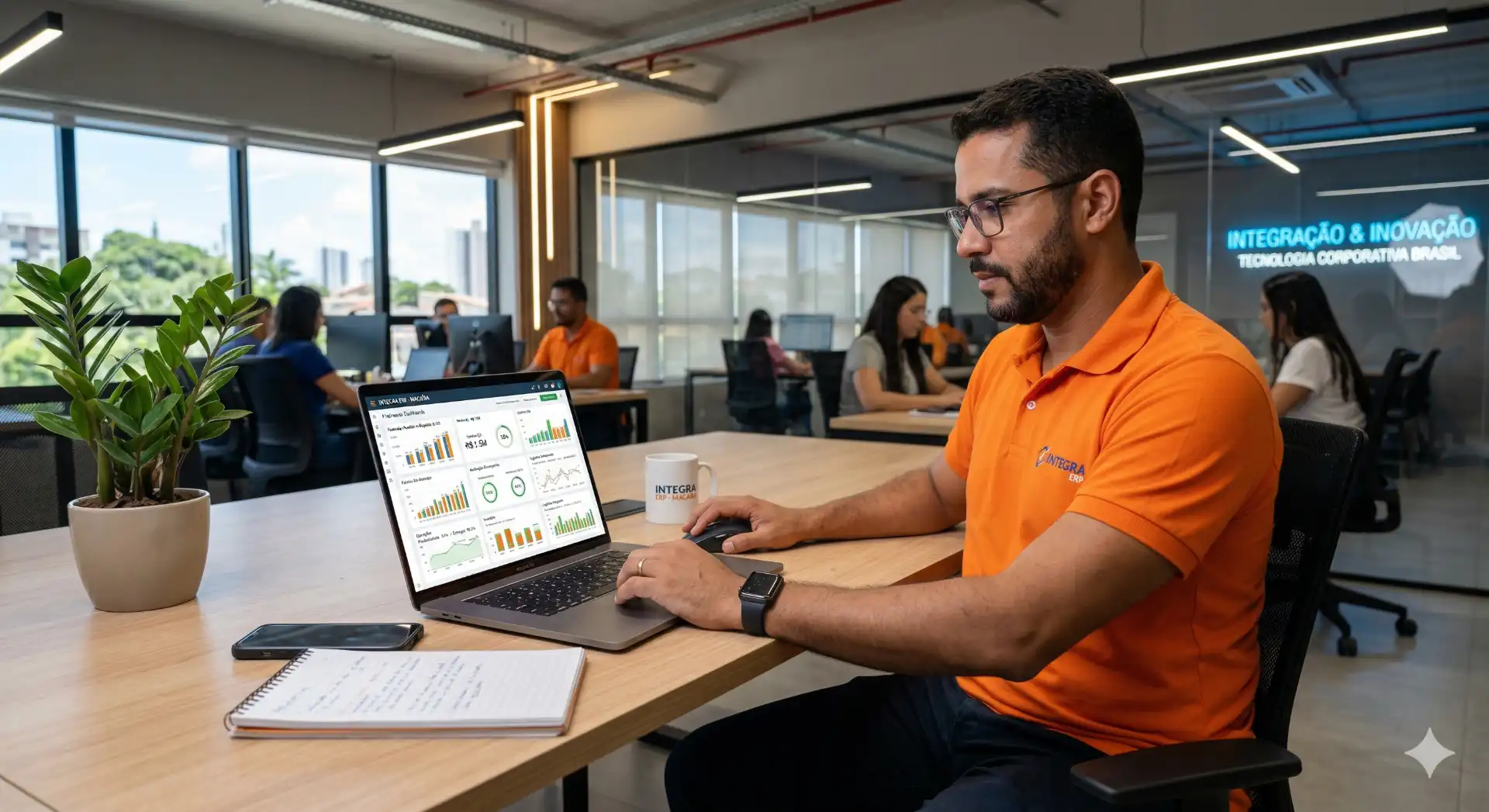 Profissional de tecnologia analisando dados em um laptop em ambiente de escritório moderno, com outros funcionários ao fundo, promovendo o uso de ERP para empresas.