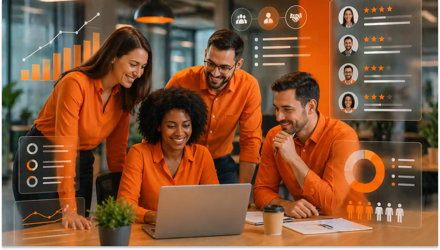Equipe de profissionais discutindo estratégias de gestão comportamental na empresa, com gráficos e avaliações de desempenho ao fundo.