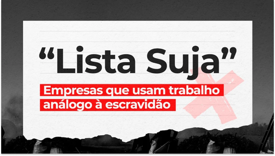 Imagem divulga a lista suja do trabalho análogo à escravidão pelo MTE, com destaque para 169 novas empresas denunciadas por condições análogas à escravidão no Brasil.