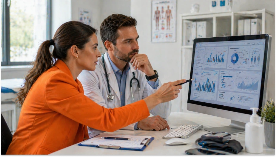 Médico e mulher analisando dados de saúde em gráficos no computador, em ambiente clínico moderno.