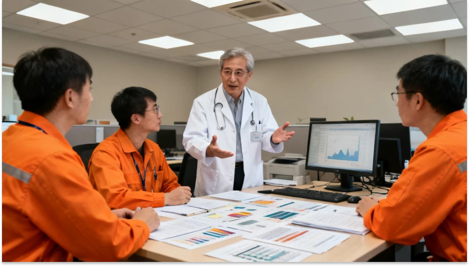 Médico explicando análise de dados para equipe de profissionais de saúde em ambiente de escritório, com computadores e gráficos de desempenho.