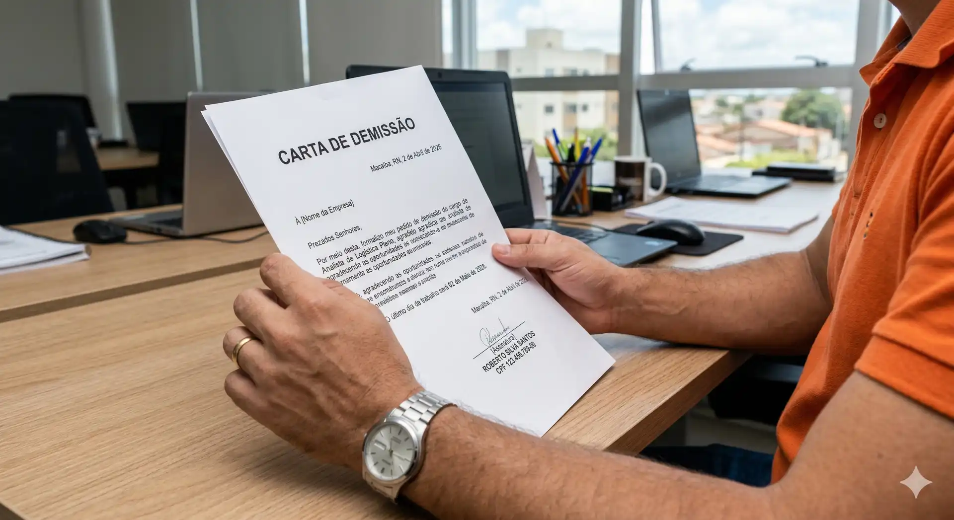 Pessoa segurando uma carta de demissão em um escritório, com computador e materiais de escritório ao fundo, ilustrando modelo de carta de demissão.
