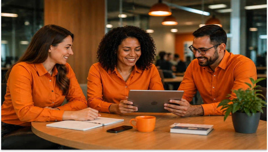 Três pessoas corporativas discutindo ideias de Gestão Comportamental durante uma reunião em um ambiente de coworking, usando tablets e notebooks, promovendo colaboração e inovação.