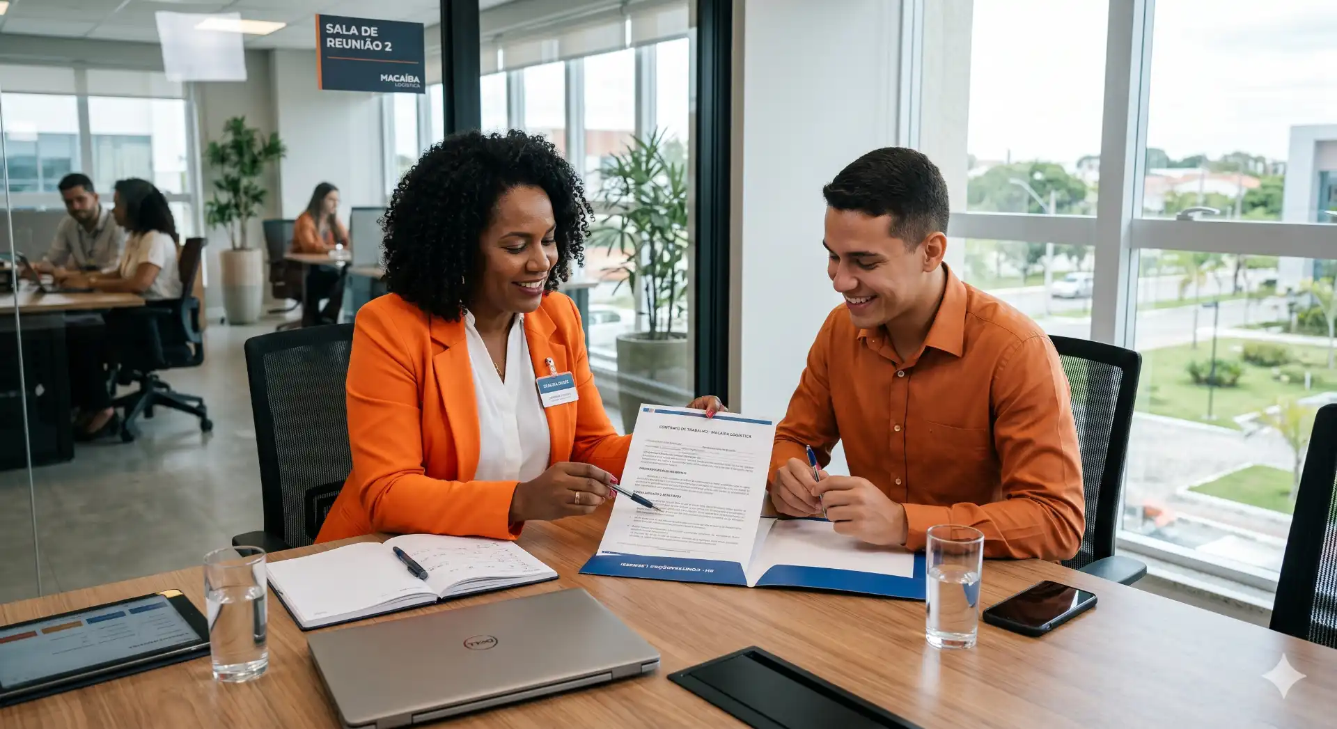 Reunião para assinatura de contrato de trabalho, com profissionais discutindo tipos de contratos, como funciona e o que não pode faltar de forma clara.