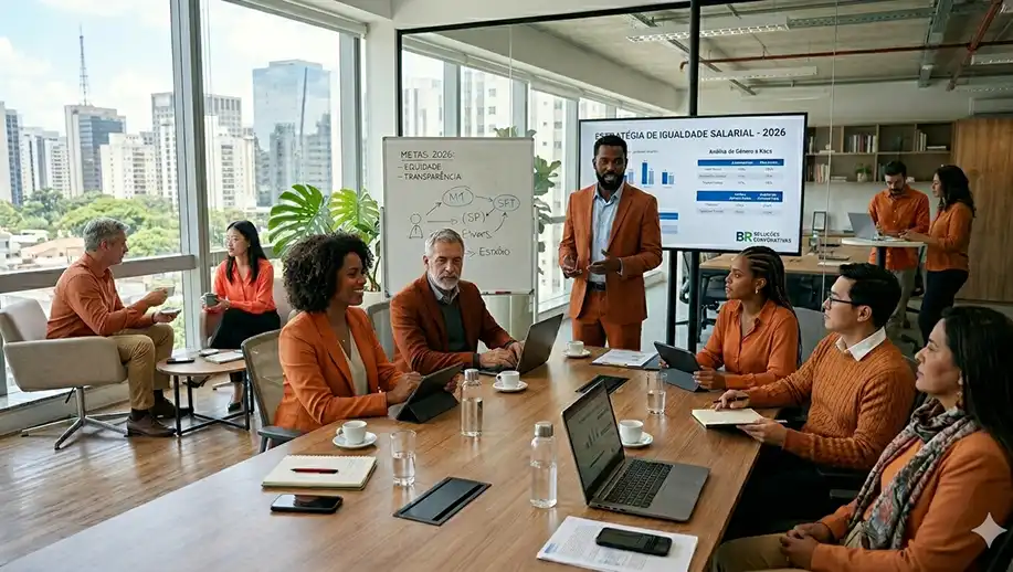 Reunião de negócios com equipe em ambiente corporativo moderno, com apresentação sobre estratégia de igualdade salarial em 2026, focada em diversidade e inclusão
