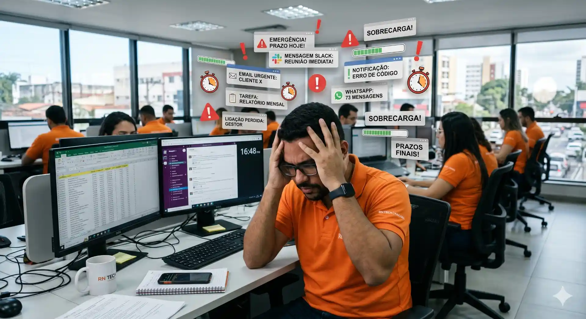 Funcionário estressado no ambiente de trabalho, com múltiplas notificações e alertas sobre prazos e sobrecarga de tarefas, ilustrando riscos psicossociais no trabalho.