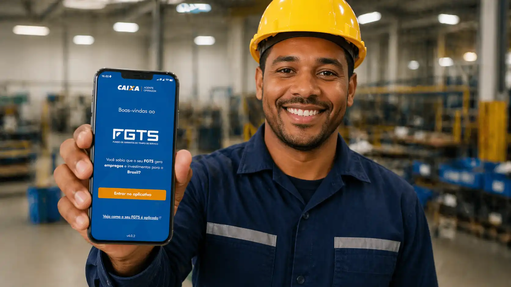 Homem trabalhador de uniforme e capacete amarelo segurando celular com aplicativo do FGTS no ambiente de fábrica, ilustrando estudo do Governo Federal sobre saque do FGTS para pagamento de dívidas.