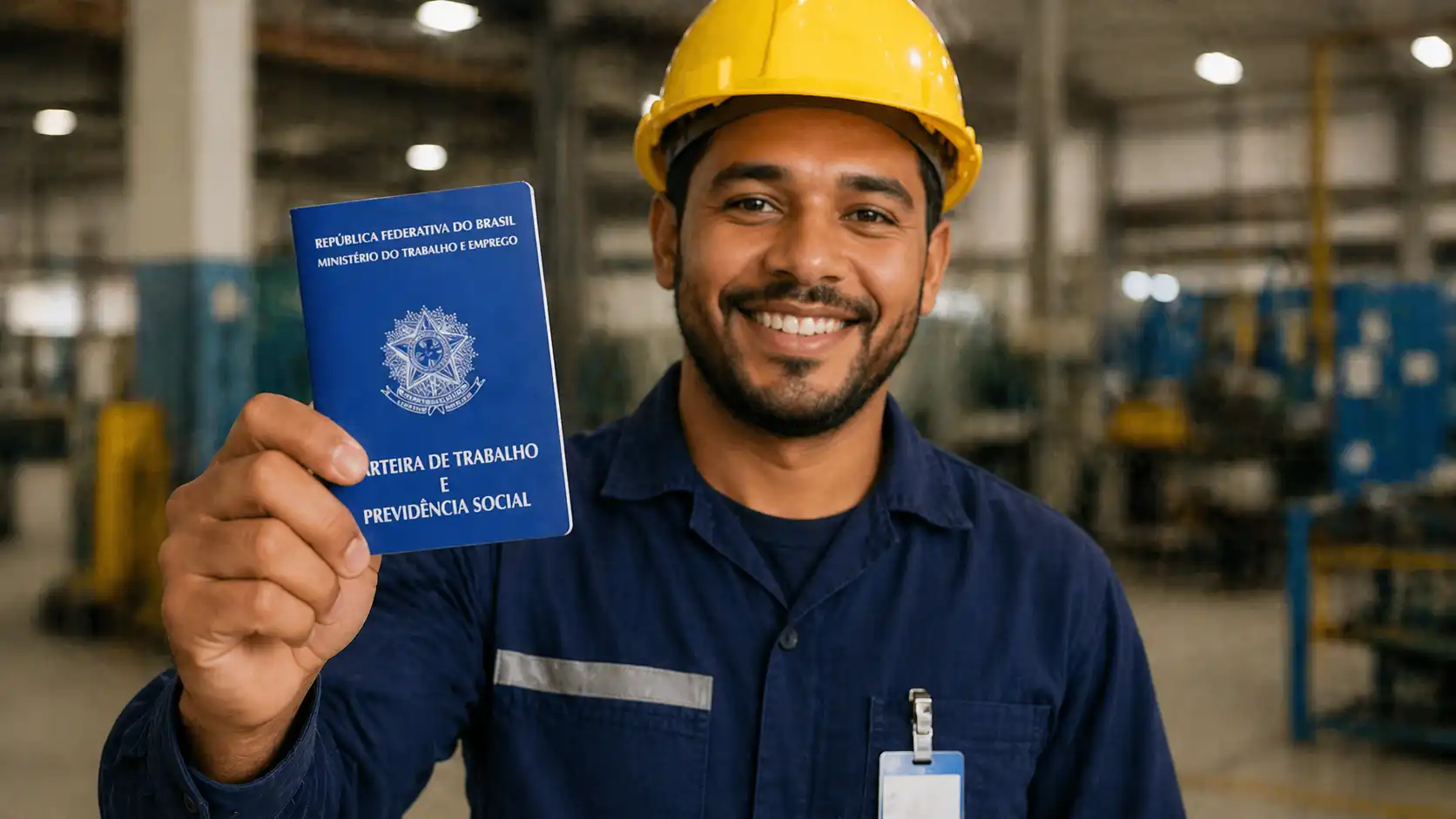 Trabalhador no Dia do Trabalhador segurando carteira de trabalho em ambiente industrial, destacando a importância do preparo de RH e DP para a celebração.