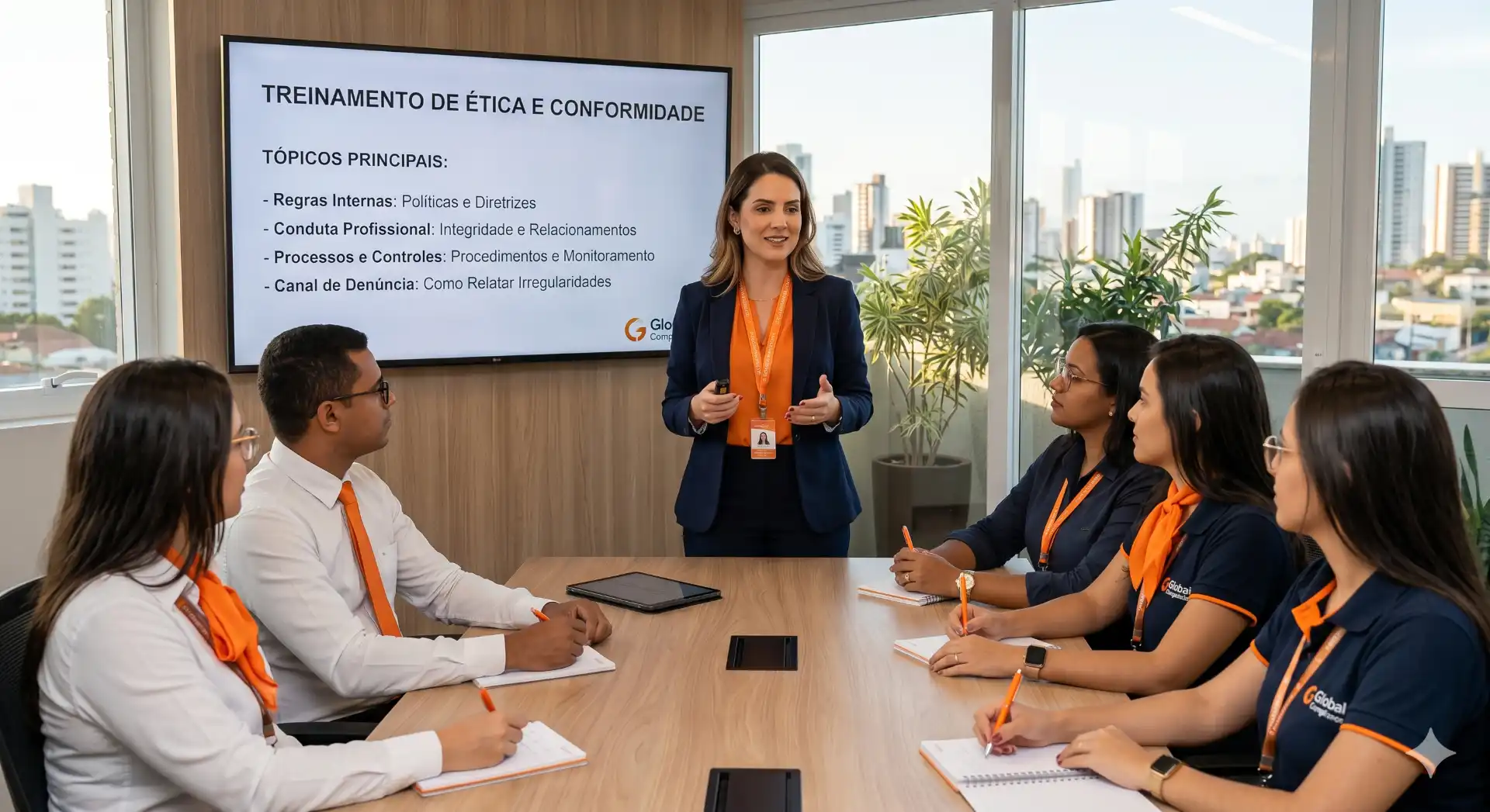 Treinamento de ética e conformidade em compliance, com equipe de profissionais participando de uma apresentação sobre os pilares do compliance, incluindo regras internas, conduta profissional e canais de denúncia.