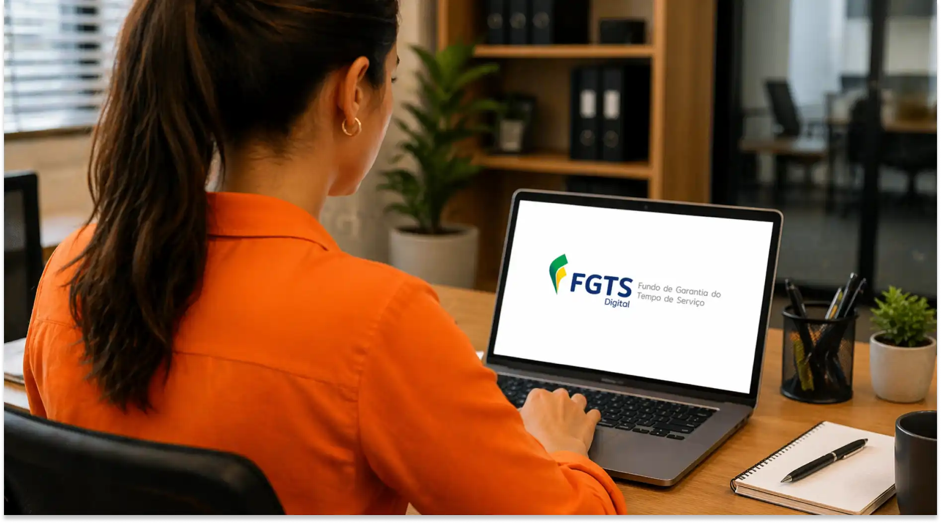 Pessoa usando computador em ambiente de escritório com logo do FGTS Digital na tela, evidenciando a importância do uso do FGTS Digital por empresas em ações trabalhistas.