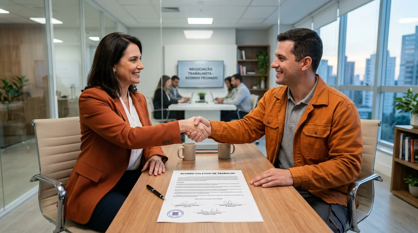 Empresária e colaborador assinando um documento de acordo trabalhista em escritório moderno, com a folha de negociação e carimbo de acordo fechado sobre a mesa.