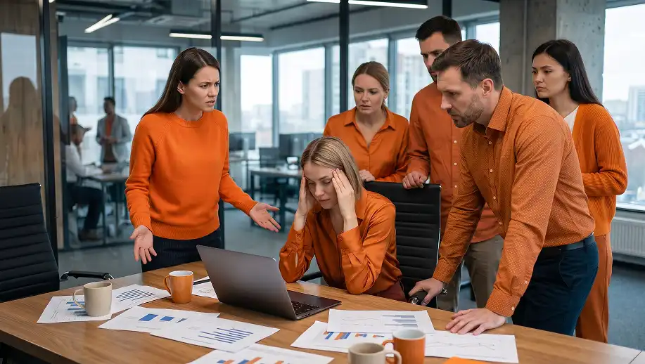 Grupo de colegas de trabalho discutindo uma estratégia de negócios na sala de reunião de uma empresa moderna, com ambiente de escritório bem iluminado.