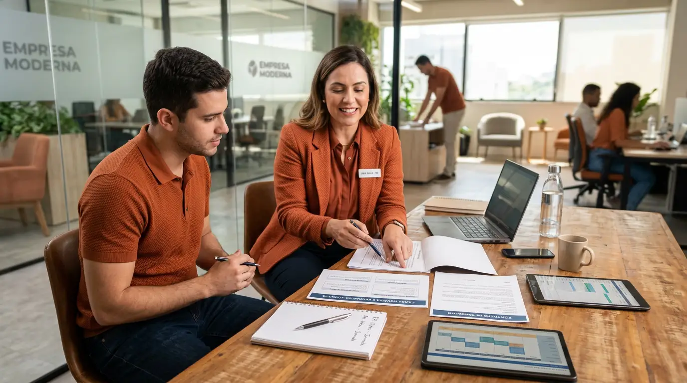 Equipe em sala de escritório analisando documentos e uma planilha em tablets e laptop, enquanto discutem como funciona a Escala 12x36 durante reunião de trabalho.