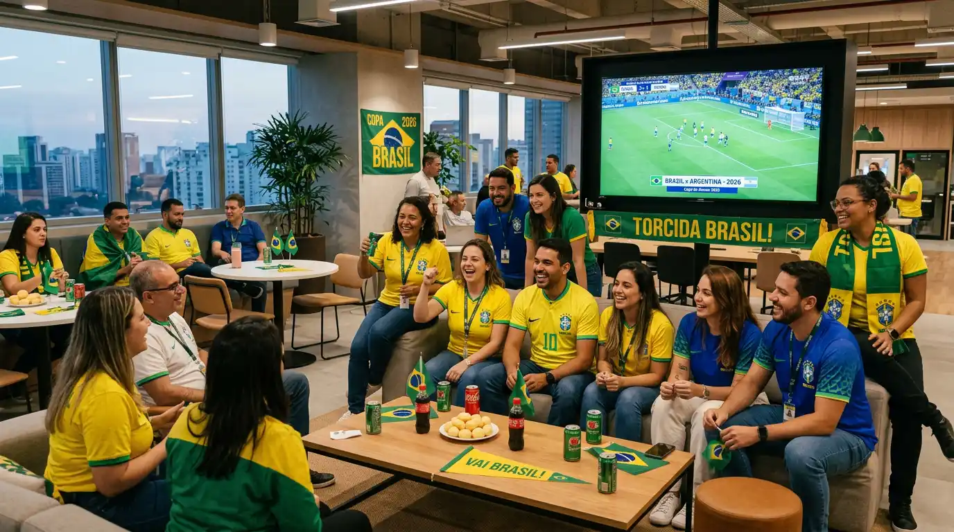 Equipe reunida em sala de escritório corporativo com bandeira do Brasil e telão exibindo jogo da Copa 2026, pessoas vestidas com amarelo e verde em clima de torcida, com bebidas e lanches sobre a mesa.