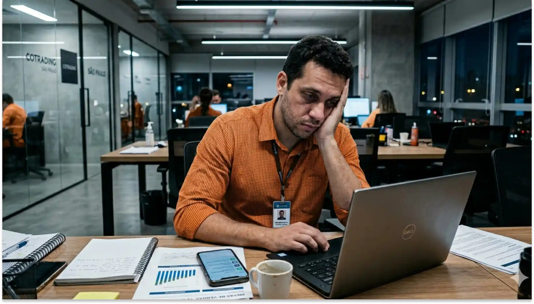 Homem de terno laranja cansado e com burnout frustrado trabalhando em um escritório moderno com computador, papéis e celular na mesa.