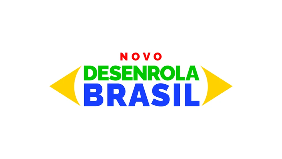 Logotipo “Desenrola Brasil” com a palavra “NOVO” acima, letras verdes e azuis em formato de faixa, e um símbolo de seta amarela apontando para a direita, sobre fundo branco.