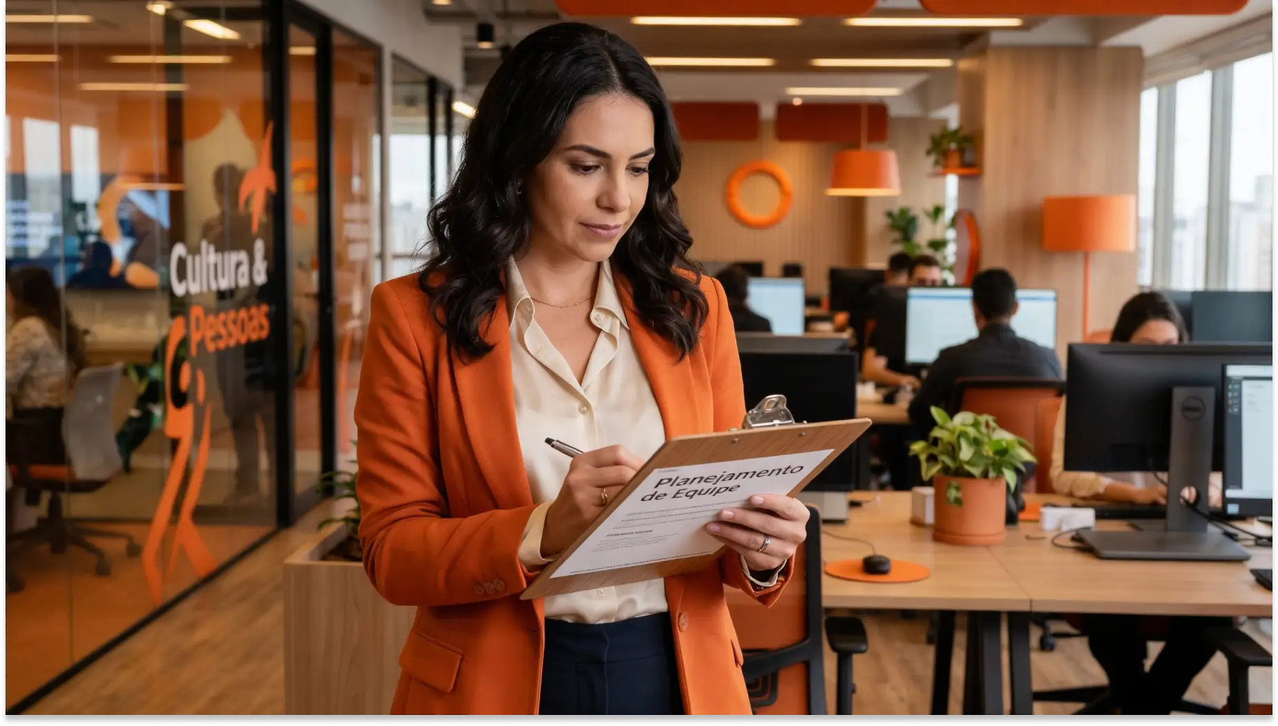 Mulher de blazer laranja em escritório moderno, analisando um formulário de planejamento de equipe e NR-1 enquanto anota informações em uma sala com computadores e plantas ao fundo.