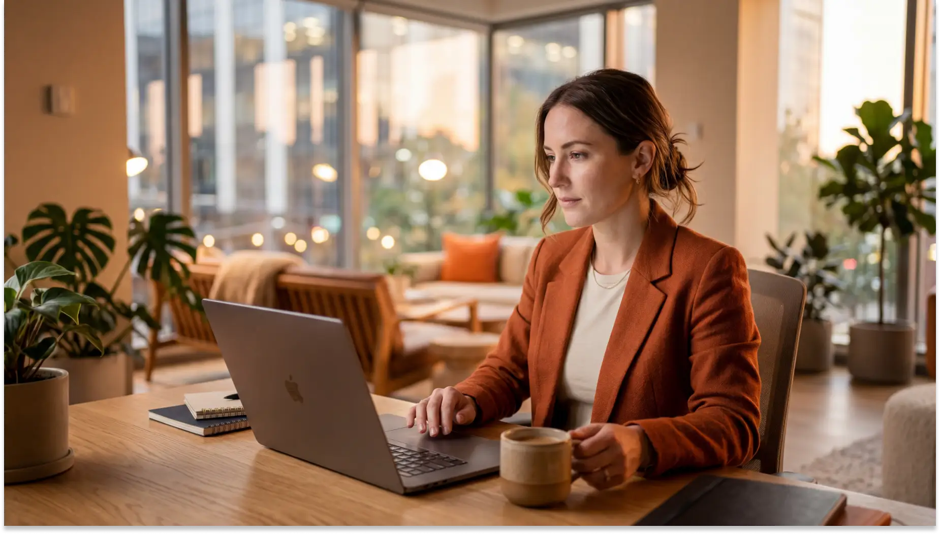 Mulher profissional trabalhando com IA com teor emocional em um laptop em um escritório moderno e iluminado, com mesa de madeira, caneca e janela grande ao fundo com vista urbana.