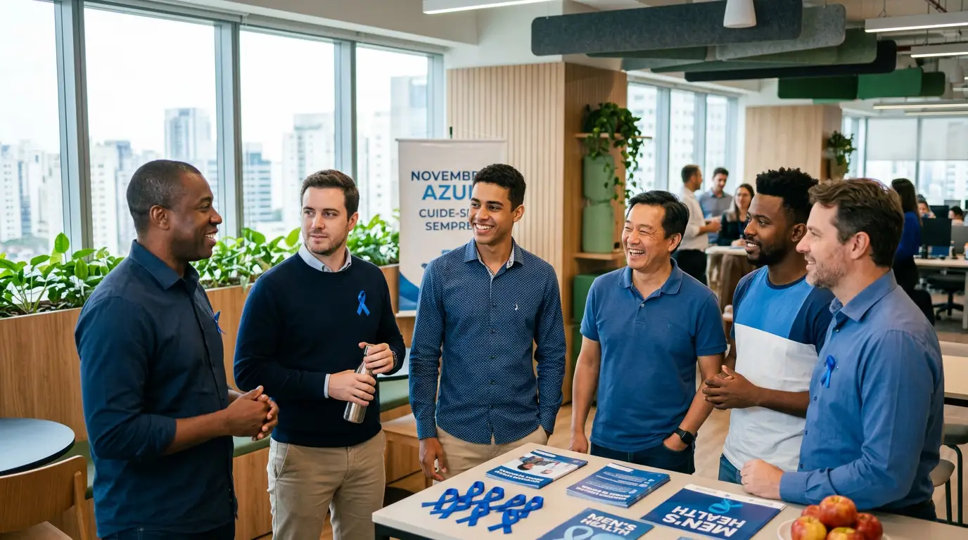 Encontro de colaboradores em escritório durante o Novembro Azul 2026, com banner e fitas azuis na mesa, promovendo engajamento em saúde masculina e conversa em grupo.