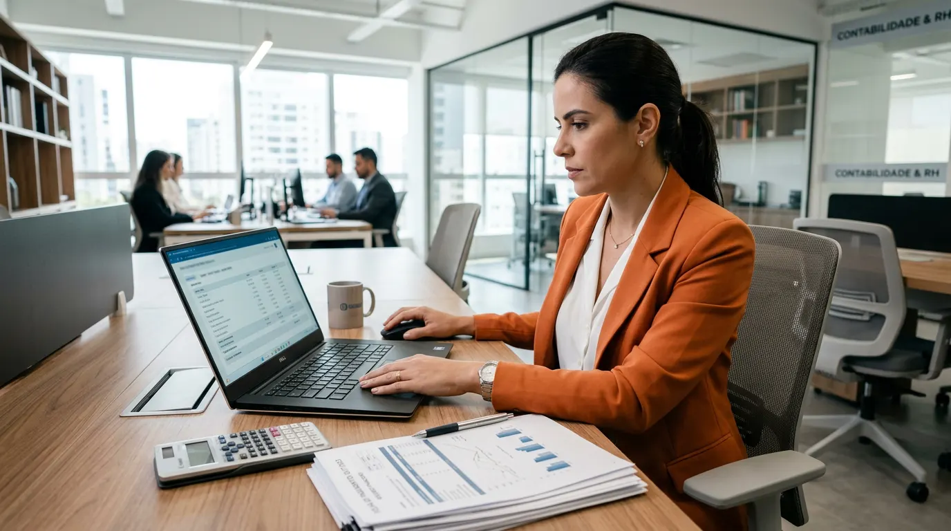 Profissional em escritório corporativo analisando planilhas e holerite em notebook, ao lado de calculadora e documentos sobre remuneração, folha de pagamento e salário base.