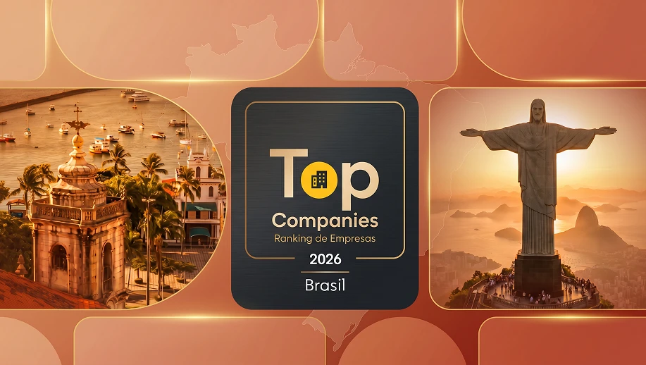 Imagem do ranking das 100 maiores empresas do Brasil em 2026, com destaque para o Cristo Redentor, símbolos do Brasil, e a cidade do Rio de Janeiro ao fundo.