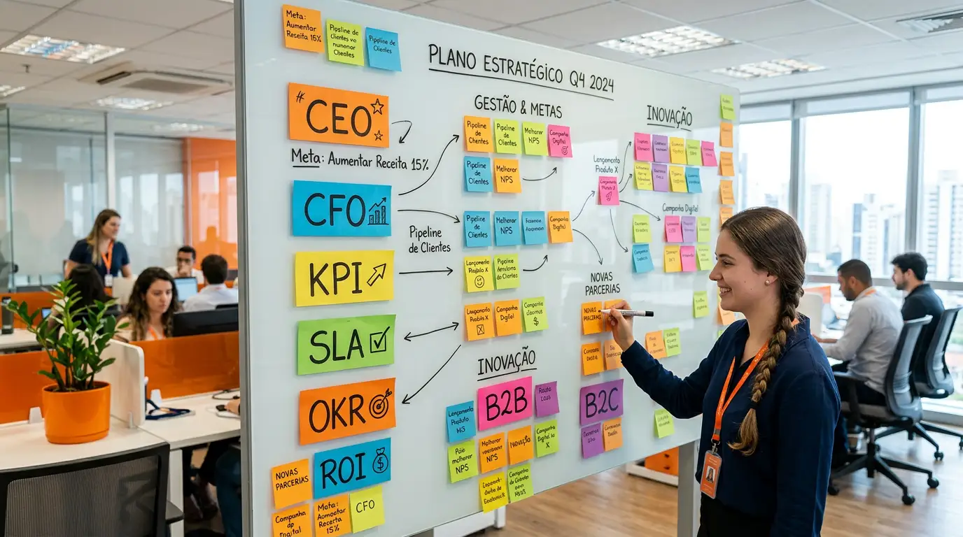 Profissional apresenta um plano estratégico em quadro de metas com siglas corporativas como CEO, CFO, KPI, SLA, OKR e B2B, em ambiente de escritório.
