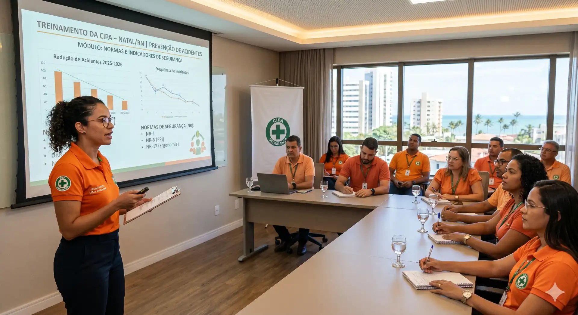 Treinamento sobre CIPA em sala de aula com profissionais durante palestra e apresentação de slides.