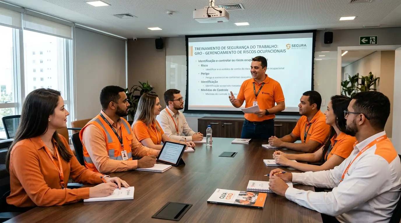 Equipe de trabalhadores de uma indústria reunida em mesa com mapas, gráficos e monitor, discutindo processos e indicadores em um ambiente fabril com outros profissionais ao fundo
