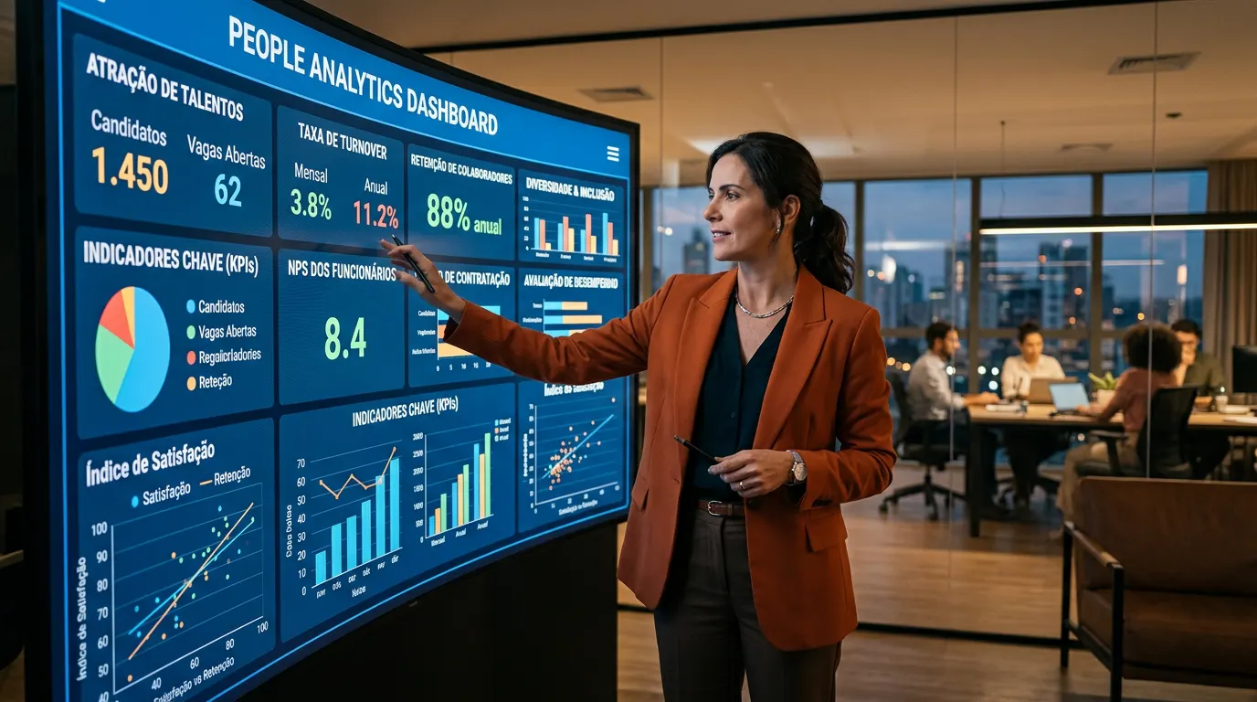Profissional em escritório apresenta um dashboard de People Analytics com gráficos e indicadores de RH, ilustrando Big Data no RH para contratar e reter talentos.