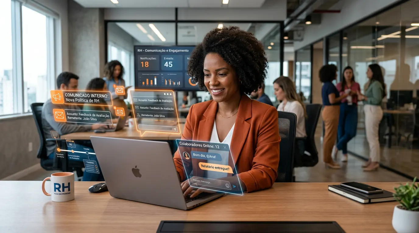 Imagem em escritório de empresa com uma profissional de RH sorrindo ao lado de um notebook, com um overlay digital de “Comunicado Interno” e telas de exemplos para comunicação entre equipes, incluindo métricas e notificações