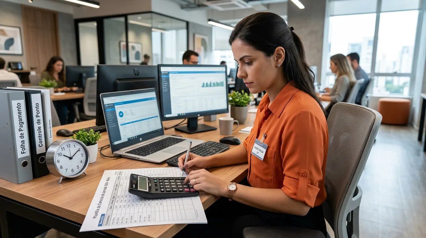Mulher em escritório usando planilha e calculadora na mesa para fazer anotações e calcular horas trabalhadas, com relógio e documentos de controle de ponto ao lado.
