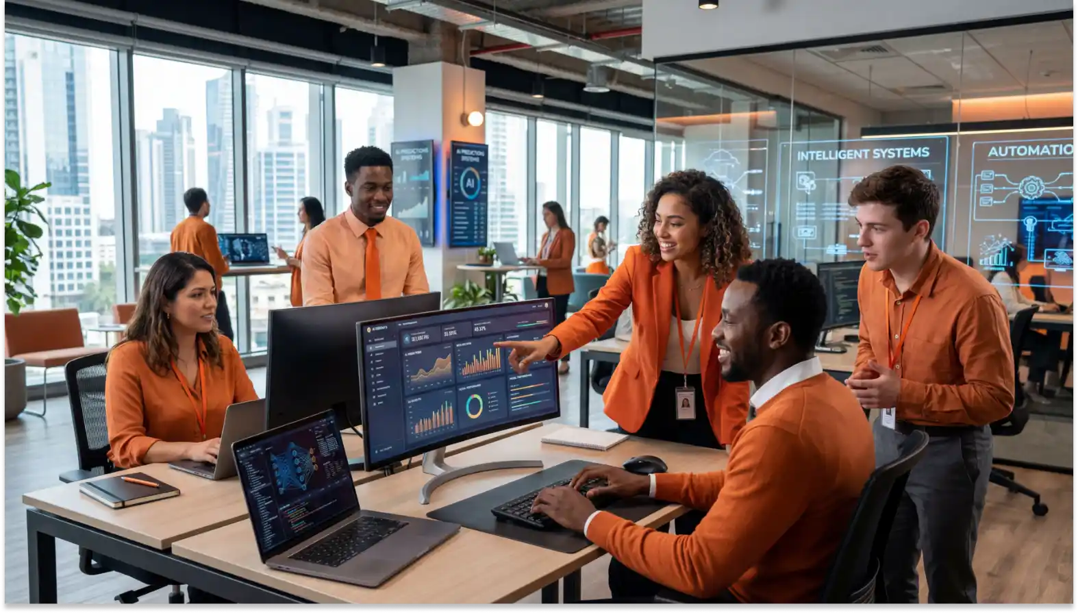 Equipe de profissionais em pesquisa em um escritório corporativo analisa dados e impactos em telas de computador, com pessoas de camisa laranja e painéis de tecnologia e automação ao fundo. Ambiente de trabalho colaborativo.