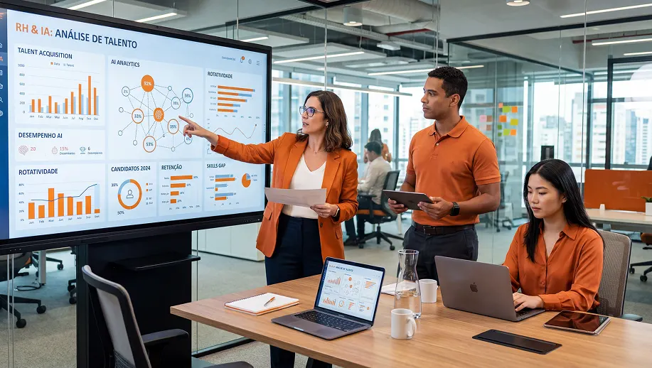 Equipe em escritório corporativo apresenta competências e dados de RH em um telão com gráficos e indicadores de talentos, enquanto profissionais discutem com tablets e notebooks durante reunião.
