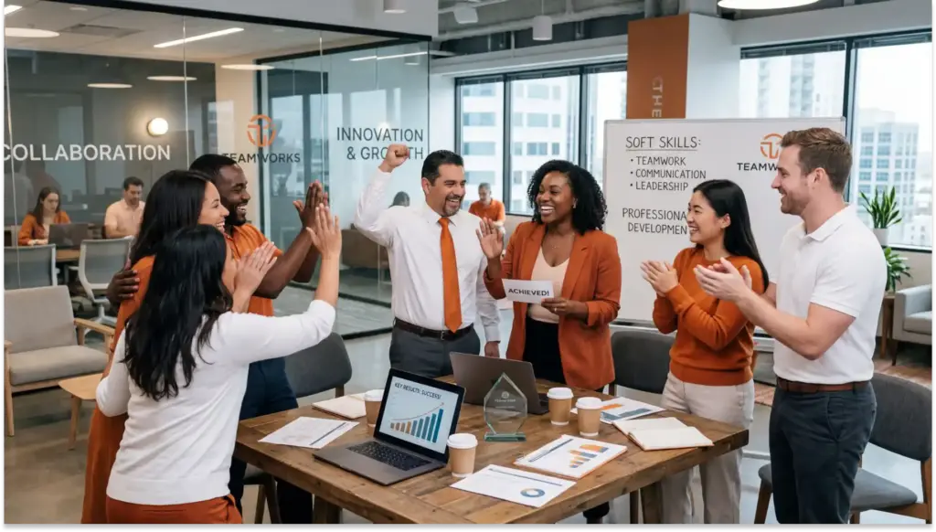 equipe comemorando apresentacao soft skills em reuniao corporativa O que é soft skills, importância e exemplos